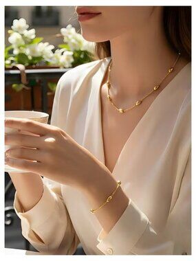 NWT 304L Stainless Steel Rice Bead Necklace & Bracelet Set Minimal Gold Tone